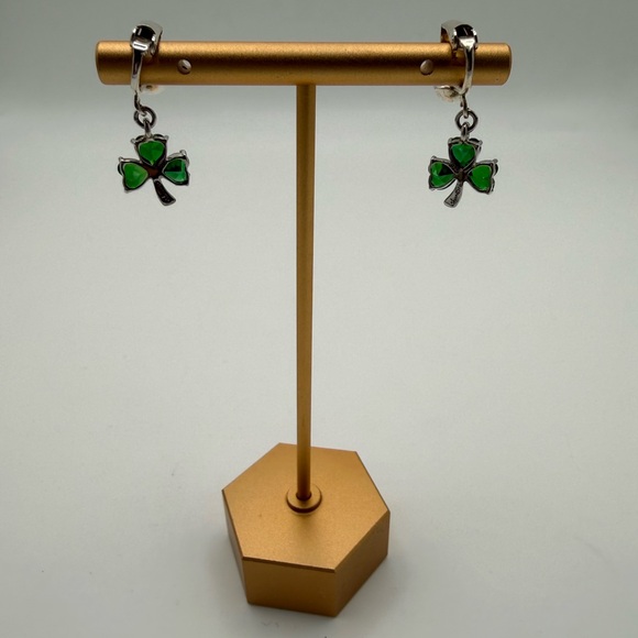 Shan Gre 925 Silver & Green Glass 3 Leaf Clover Drop Earrings - Picture 3 of 9